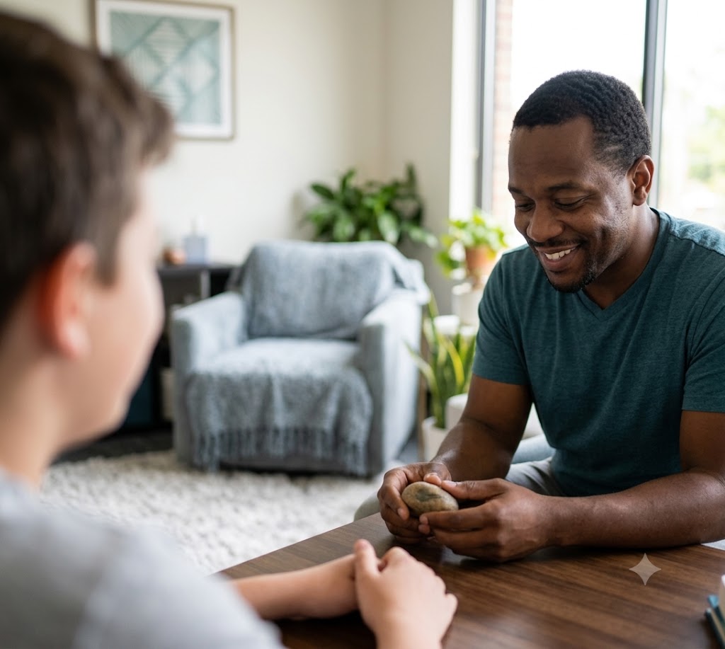 Therapist engaging warmly with a young client